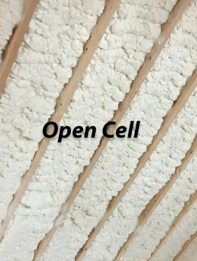 Open-Cell Spray Foam Insulation installed on a ceiling in Fort Worth, TX. The foam has a soft, spongy texture, ideal for soundproofing and energy efficiency.